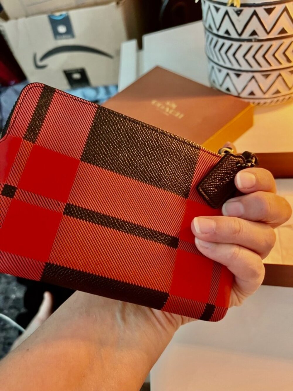 Coach Red and Black Plaid Wristlet with Black Trim - Picture 3 of 5